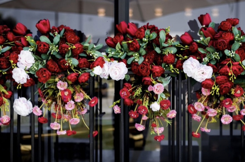 Red and white floral installation