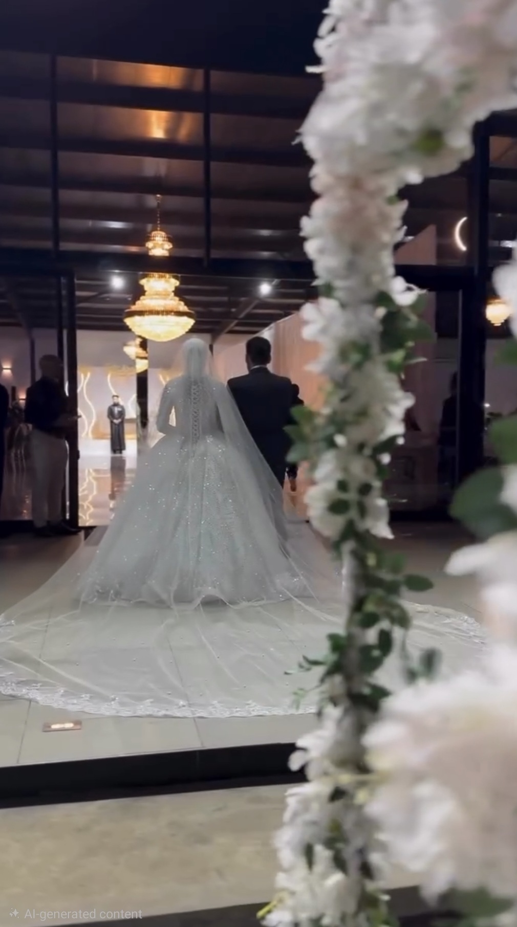 Bride entering the hall through the floral archway