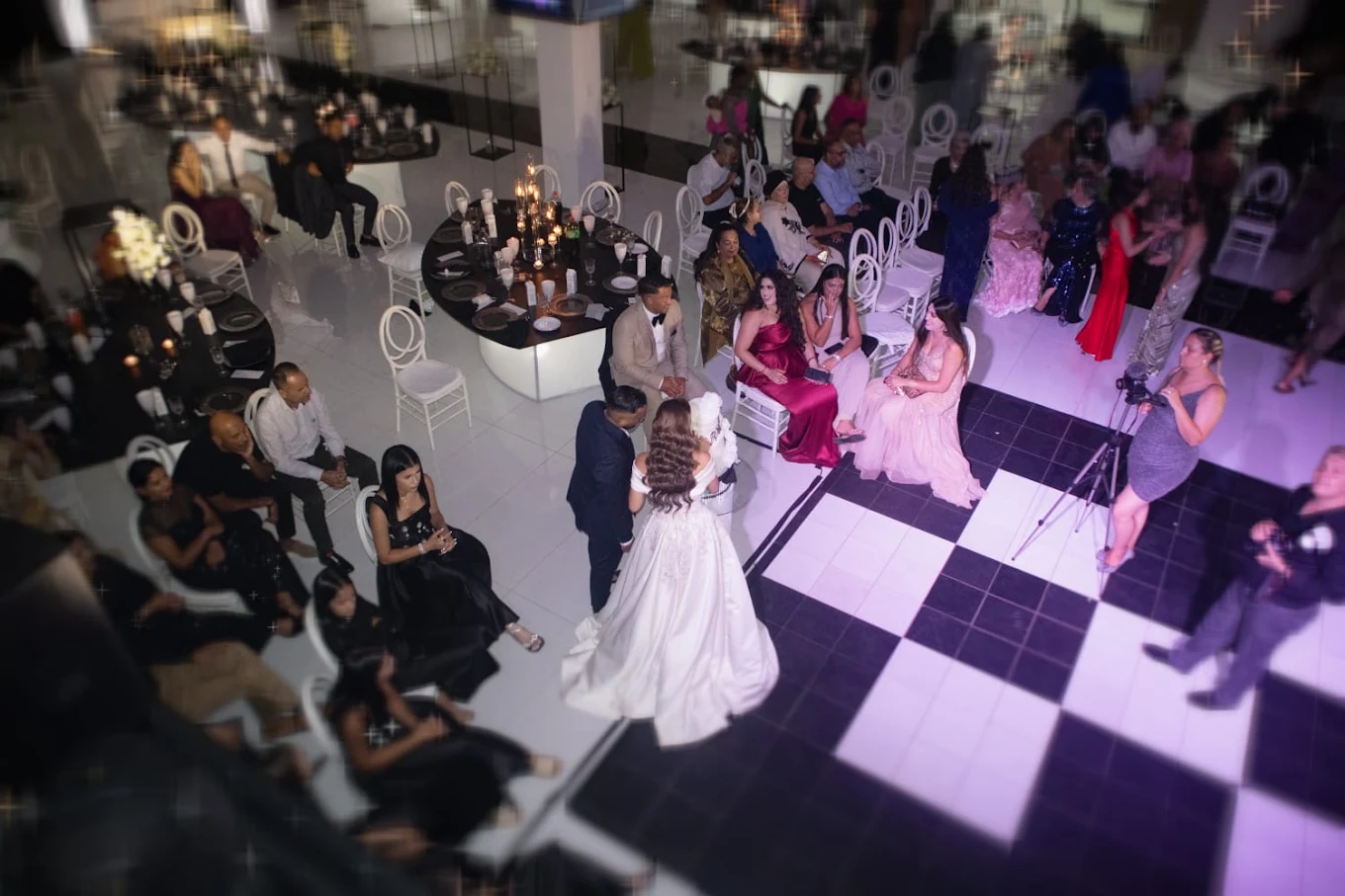 Guests on the black and white dance floor