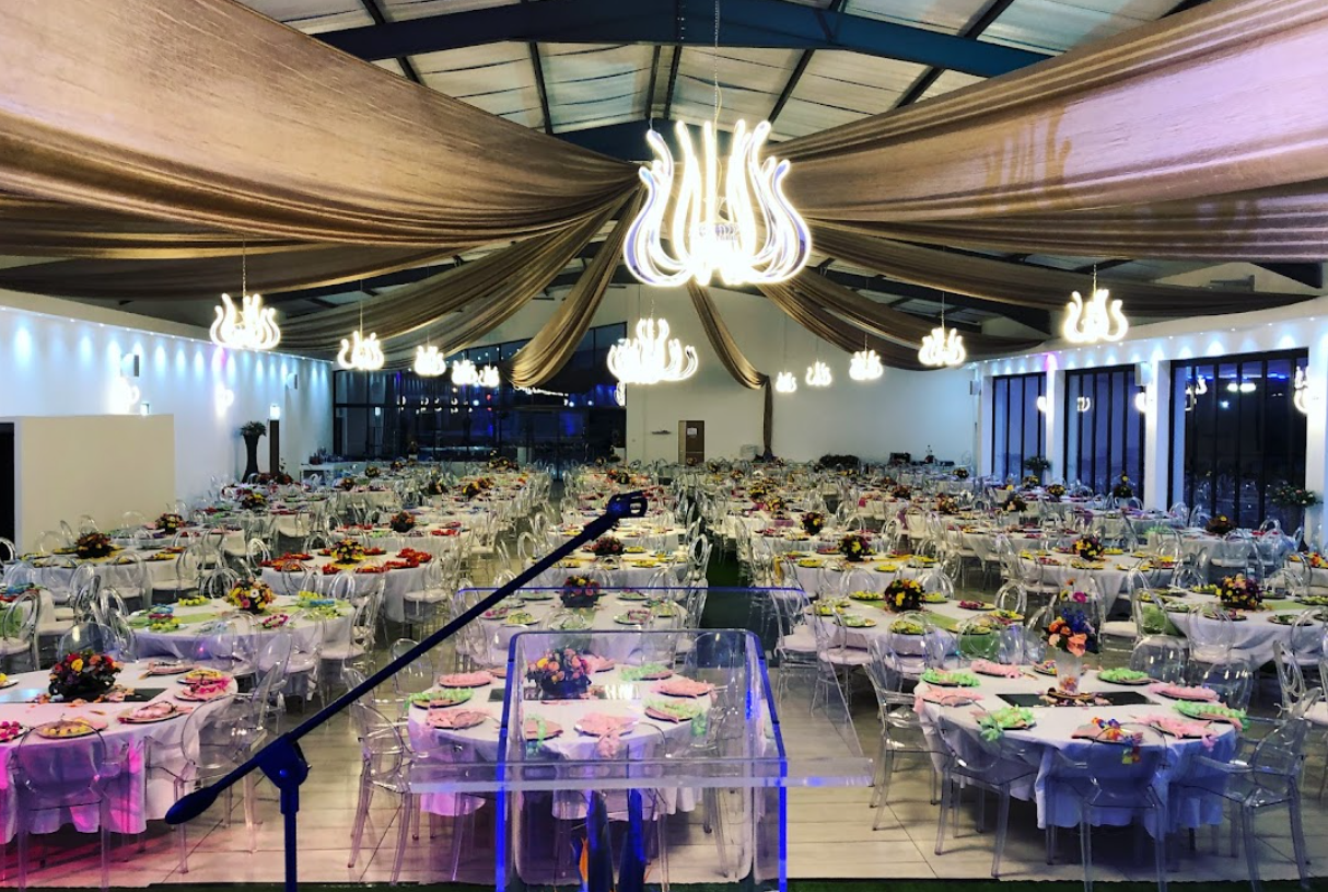 Draped banquet hall set for a function