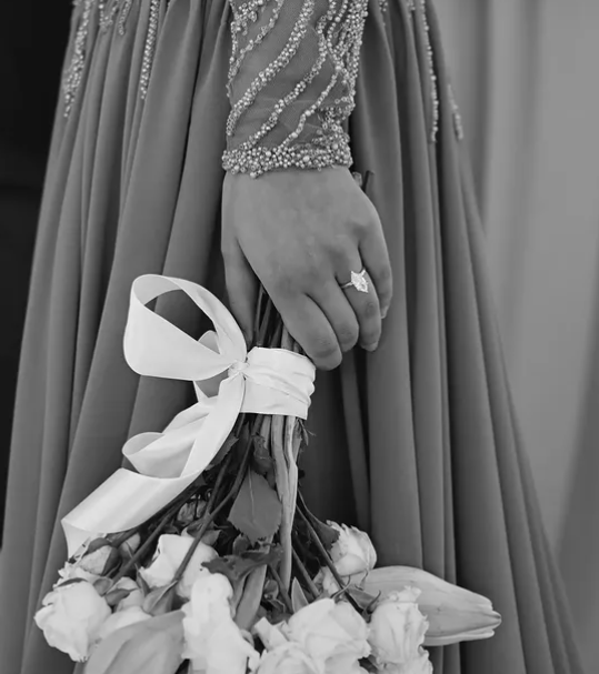 Bridal bouquet detail in black and white